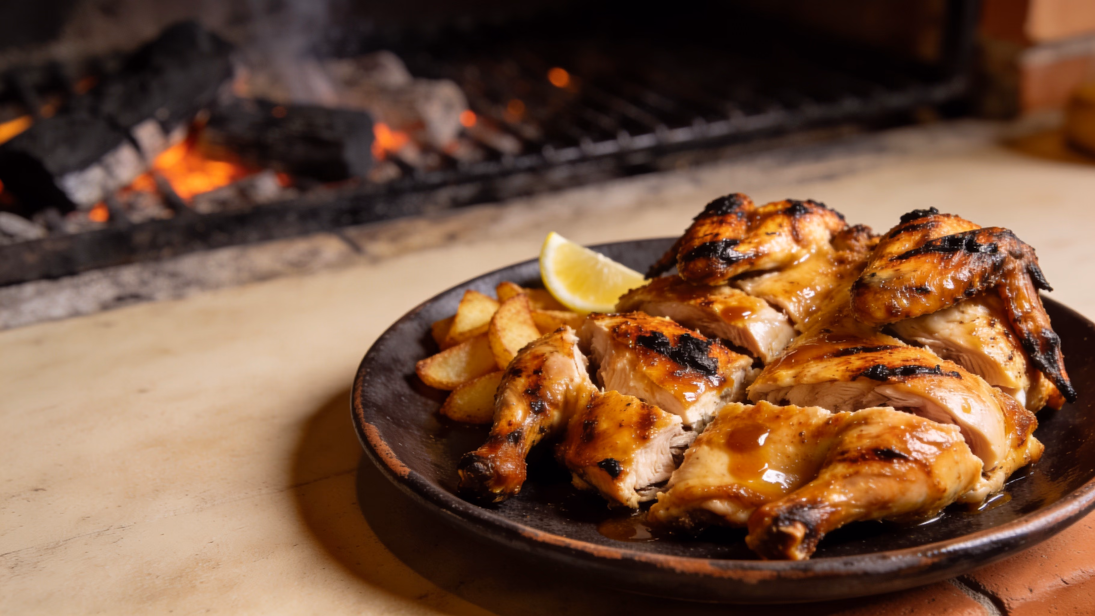 Prato de frango no carvão pousado na bancada, com a grelha e as brasas ao fundo
