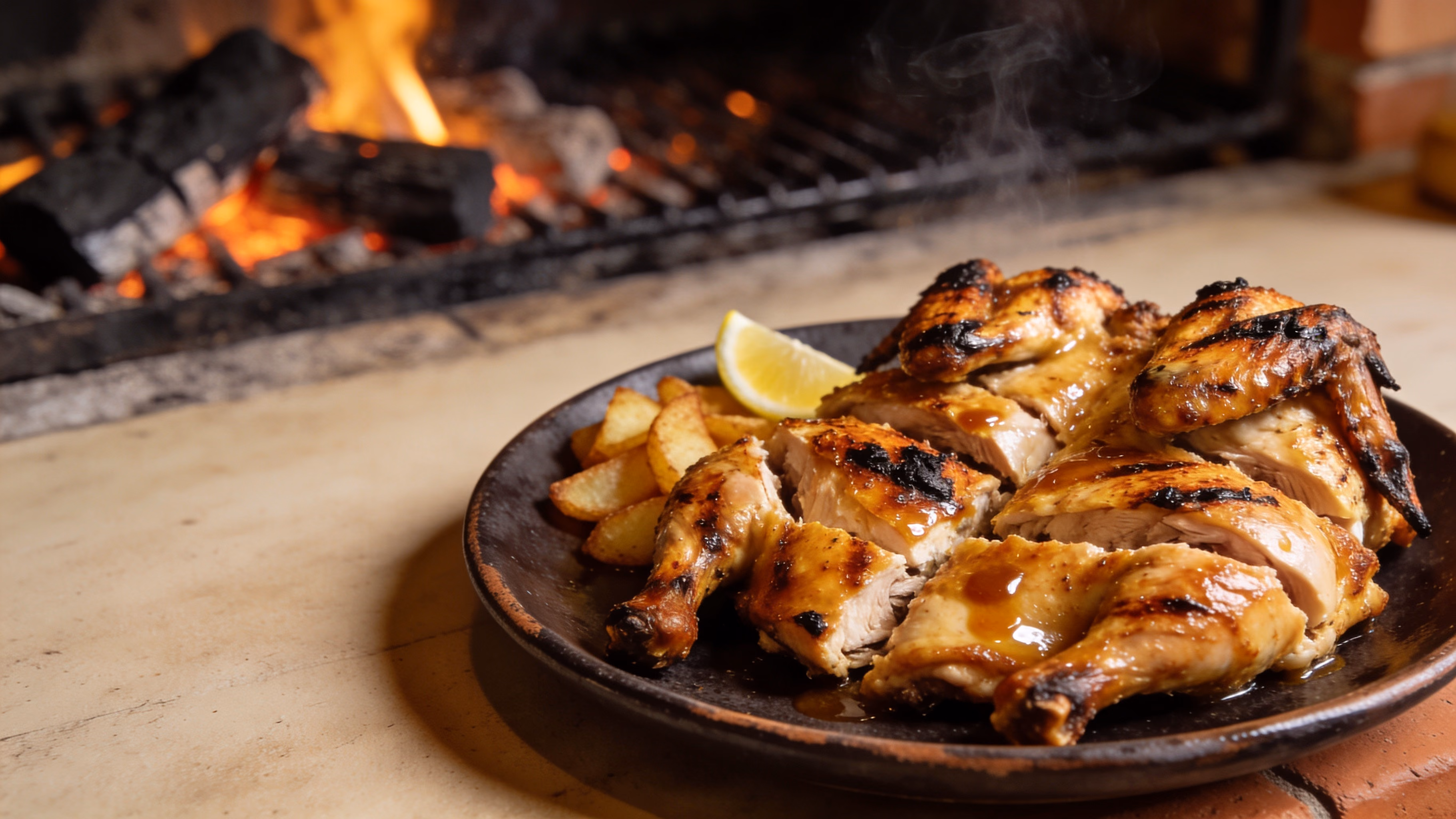 Frango a sair da grelha de carvão, com fumo a subir e as brasas acesas