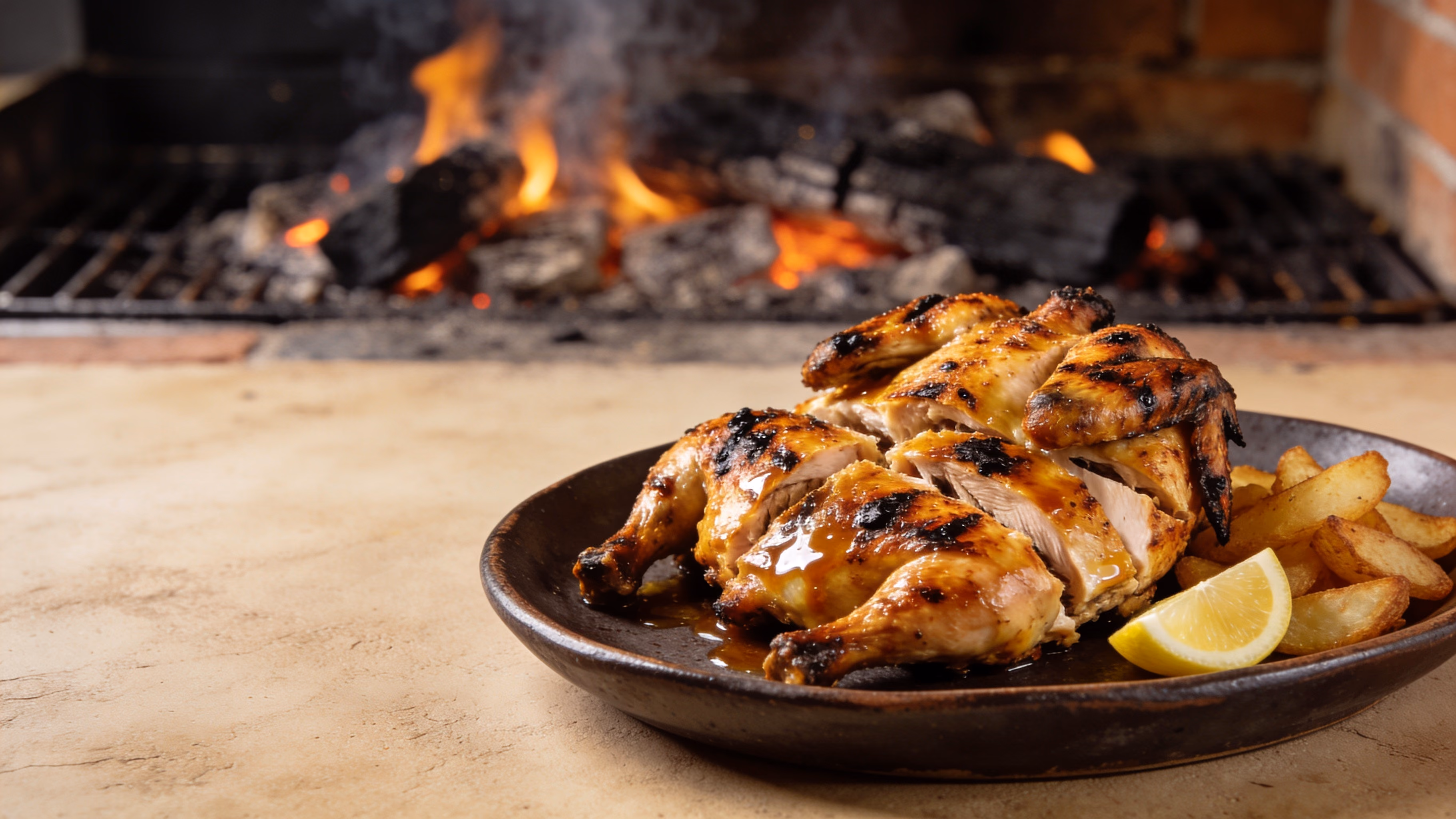 Frango assado no carvão, cortado num prato de barro, com a grelha e o lume acesos atrás