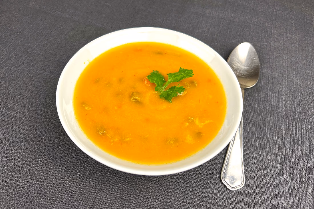 Sopa de legumes acabada de fazer, numa taça branca